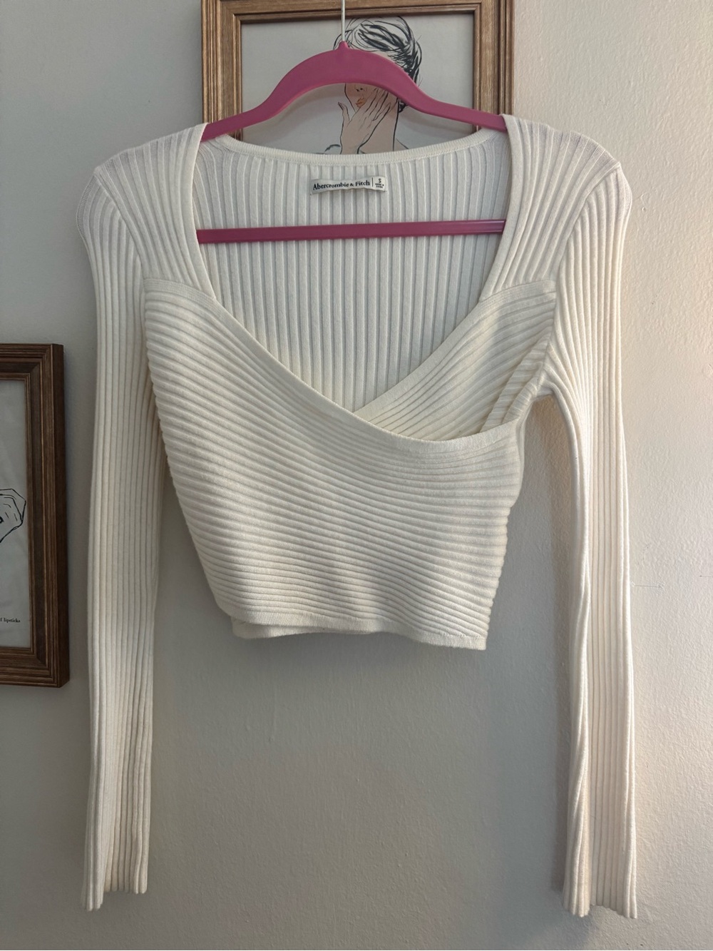 Abercrombie & Fitch Cream Ribbed Wrap-Front Cropped Long Sleeve Top